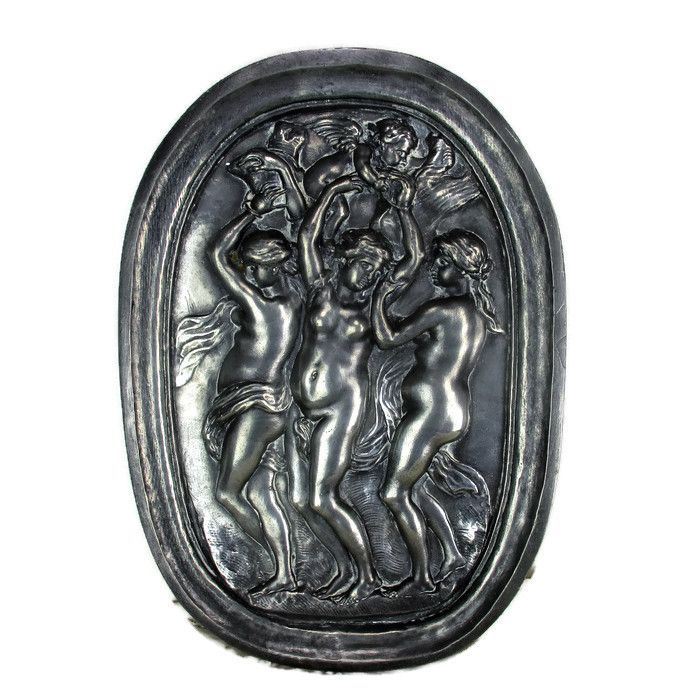 Tin 3 Graces Goddesses Wall Panel Bas Relief Tableaux Nude Wax Seal Mythology