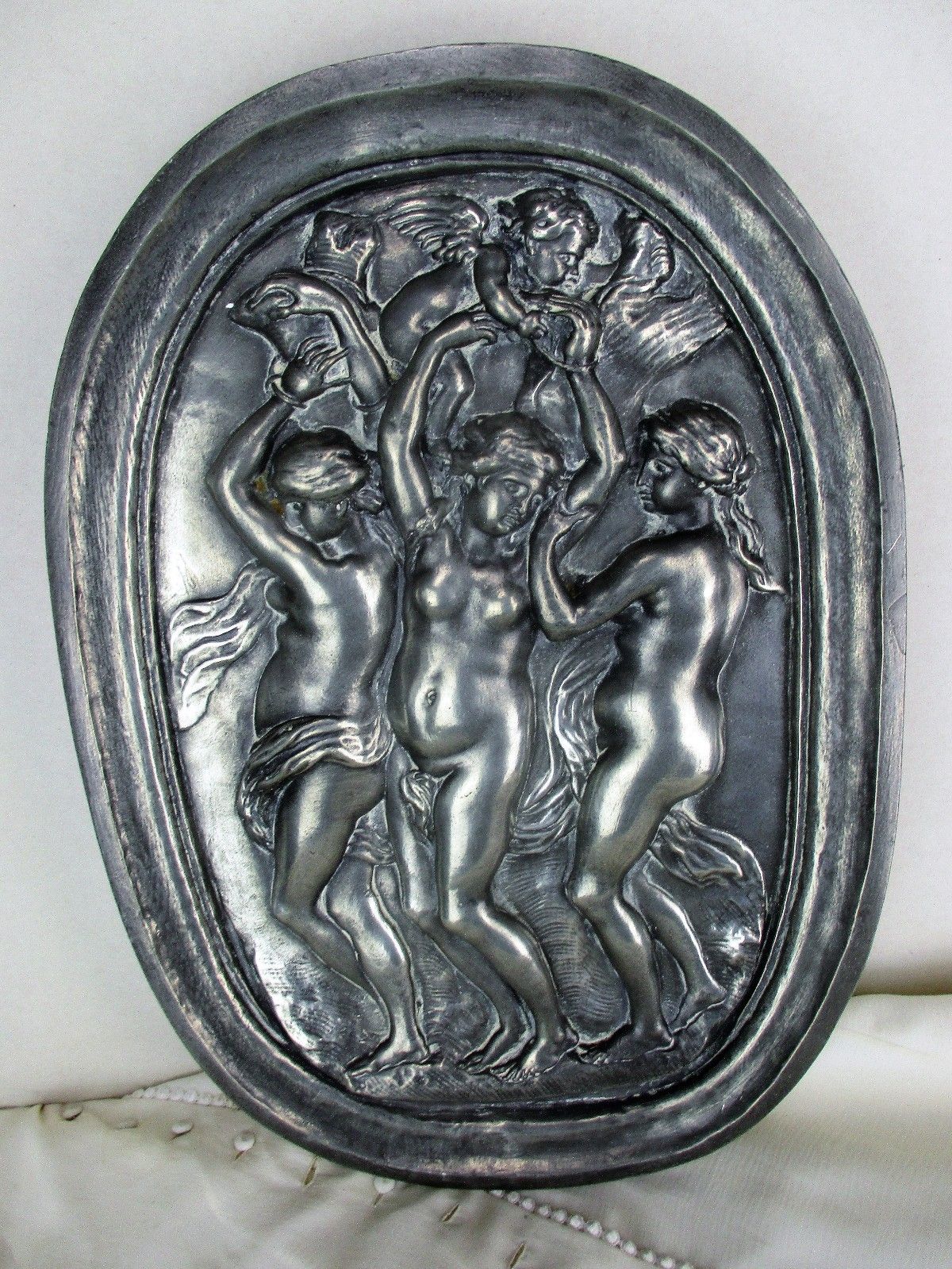 Tin 3 Graces Goddesses Wall Panel Bas Relief Tableaux Nude Wax Seal Mythology photo for sale