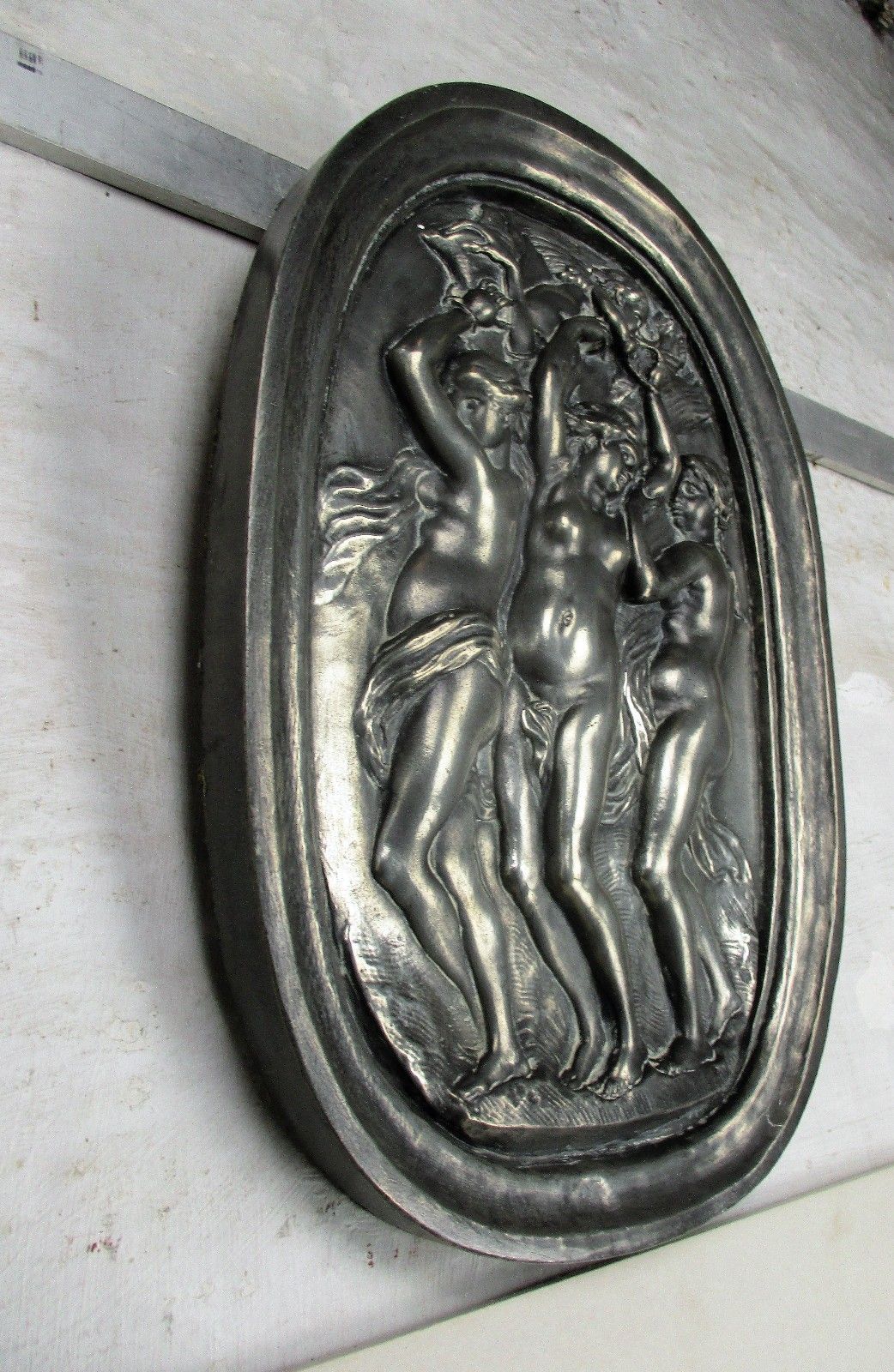 Tin 3 Graces Goddesses Wall Panel Bas Relief Tableaux Nude Wax Seal Mythology photo buy