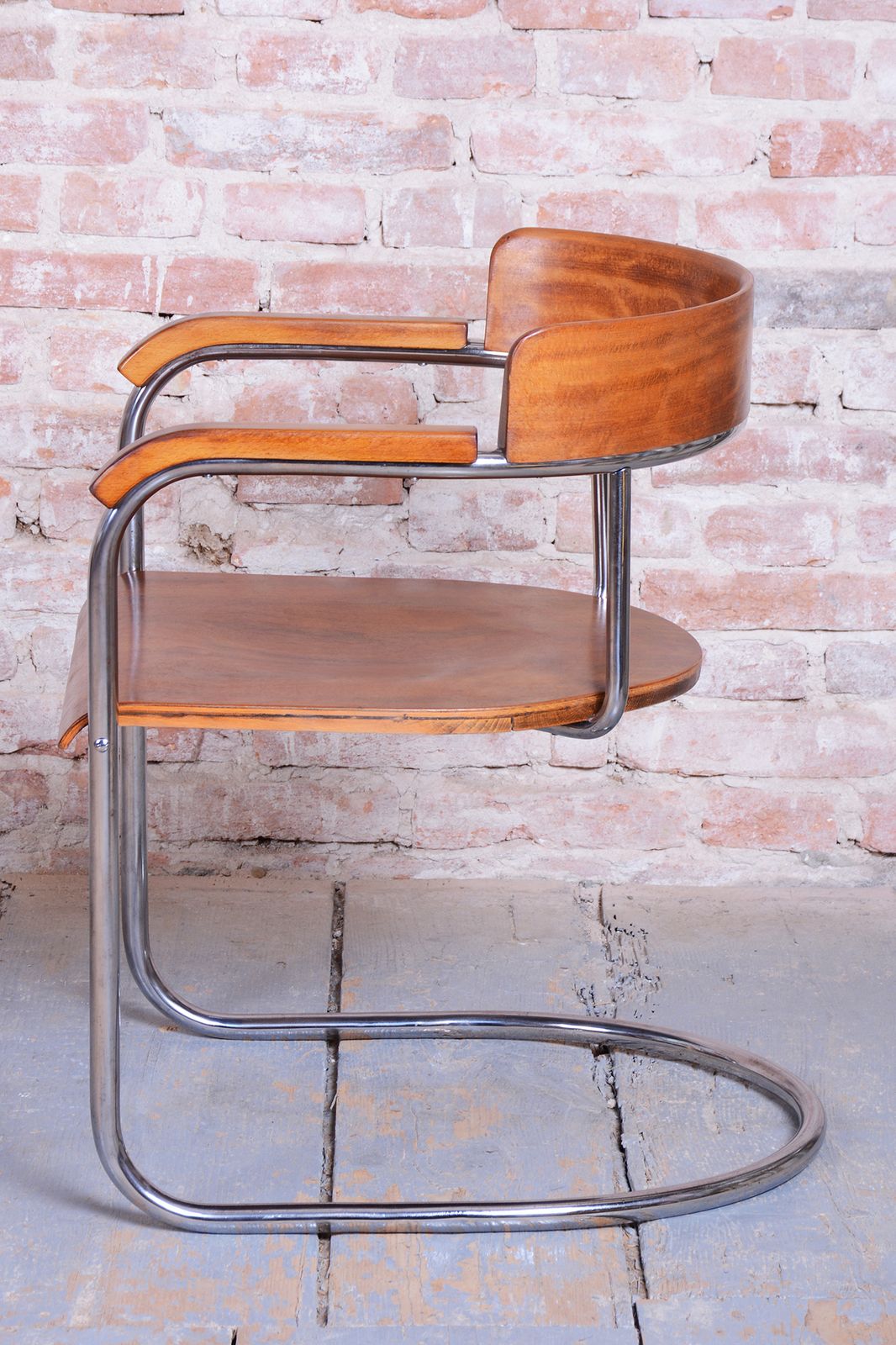 Restored Bauhaus Armchair, By H. Gottwald, Beech, Walnut, Chrome, Czech, 1930s photo furniture