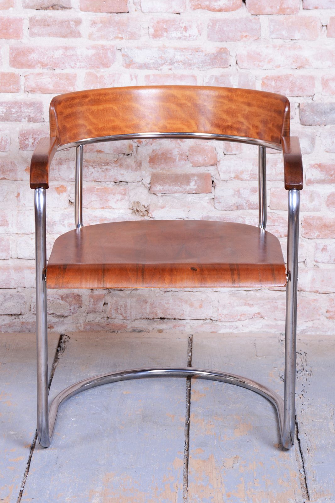 Restored Bauhaus Armchair, By H. Gottwald, Beech, Walnut, Chrome, Czech, 1930s photo for sale
