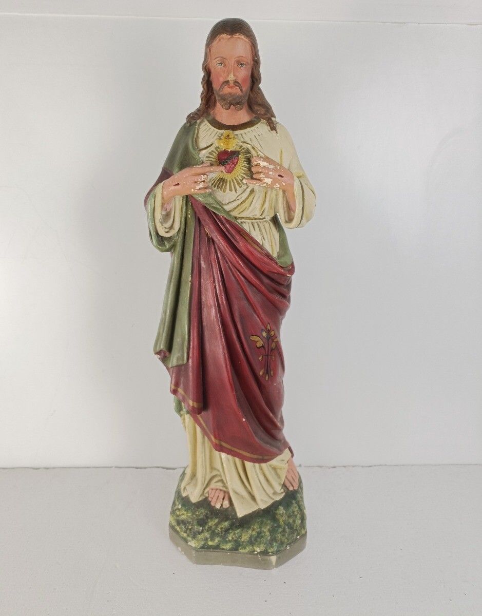 Large Neo Gothic Statue Jesus Christ Holy Sacred Heart Plaster Antique photo furniture