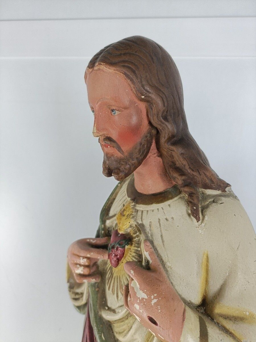 Large Neo Gothic Statue Jesus Christ Holy Sacred Heart Plaster Antique photo 384.0