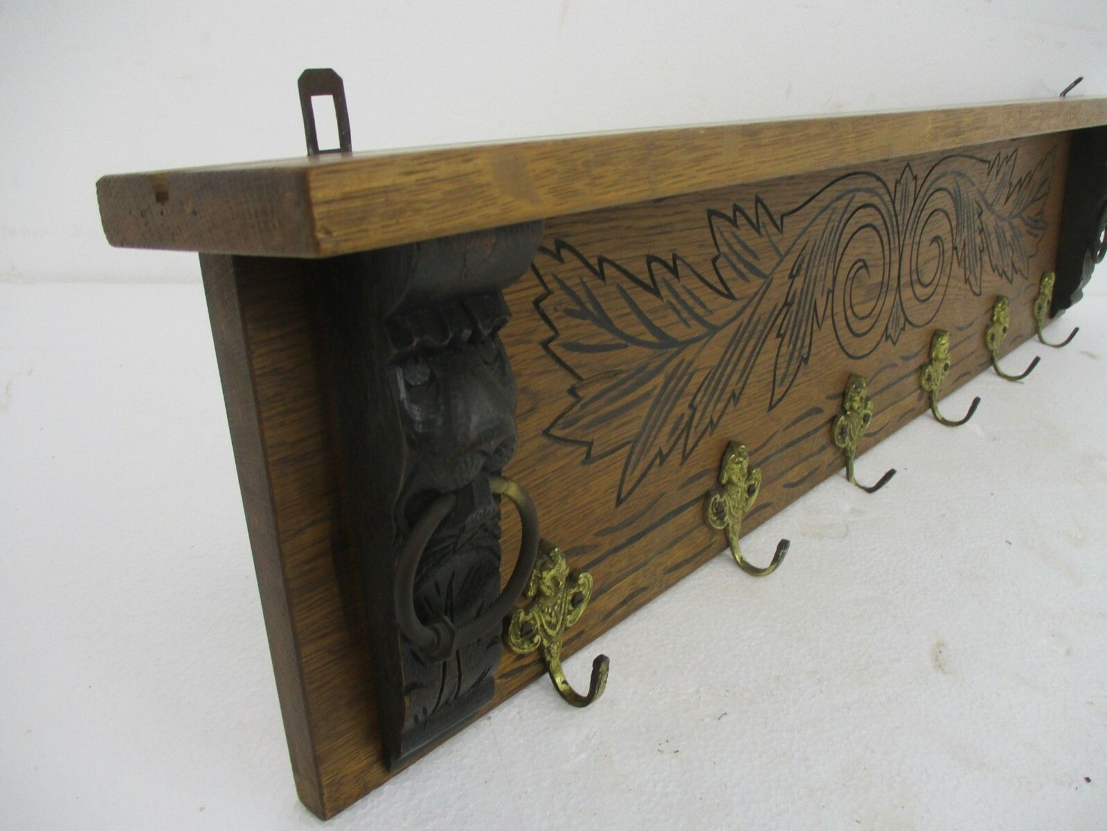 Hand Carved Wood  Wall Shelf Coat Hat Kitchen Rack Lion Heads Two Toned Gorgeous photo Furniture