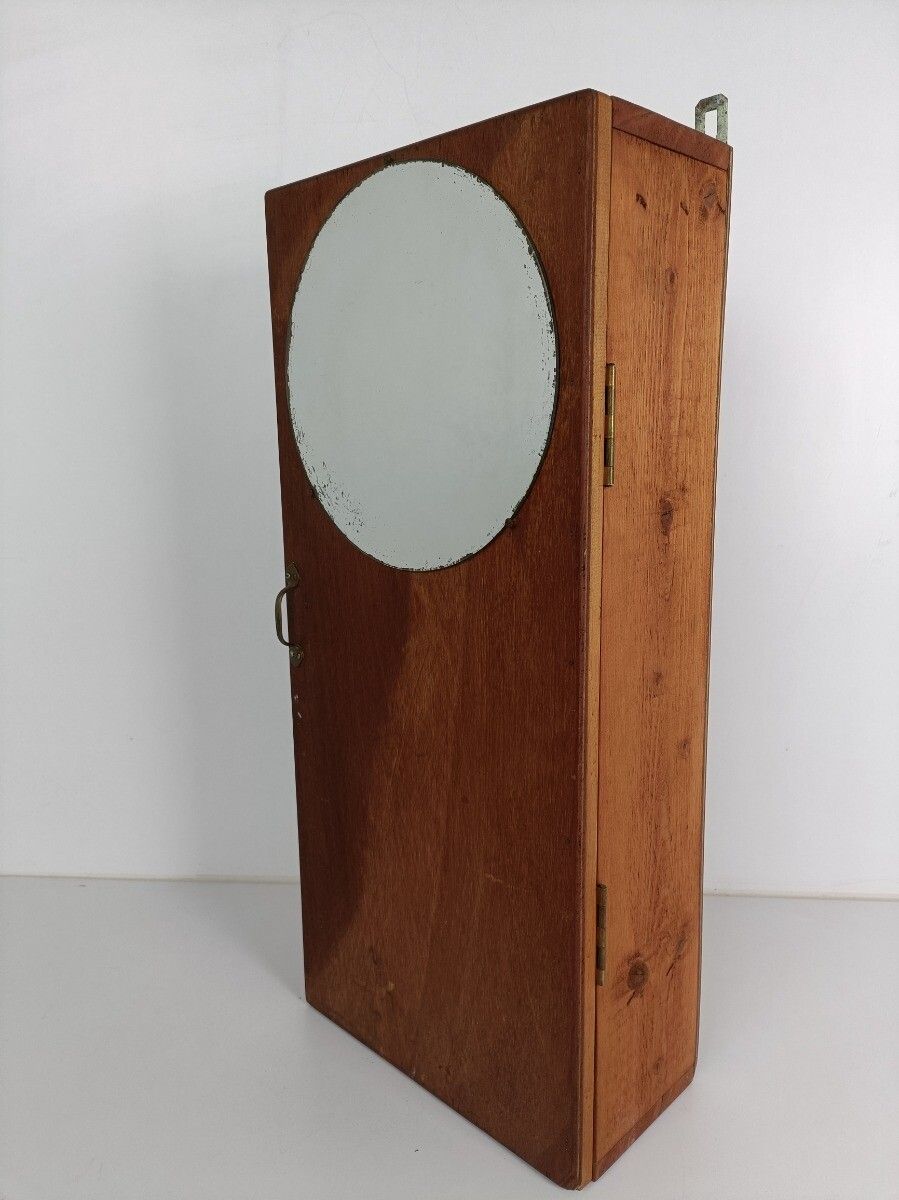 Large Wall Hanging Cabinet Vintage Round  Mirror  Wood Medicine Bathroom Apothec photo for sale