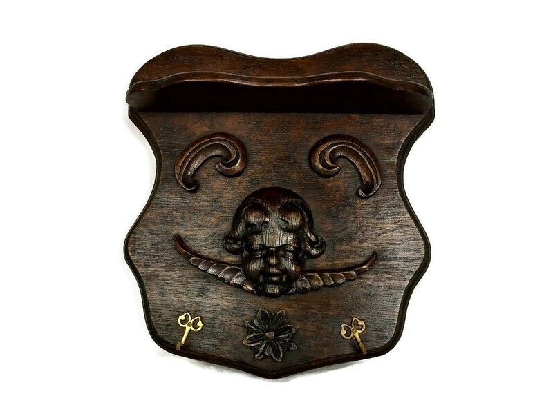 Antique Hand Carved Oak Small Wall Hanging Towel Kitchen Bathroom Rack Cherub An