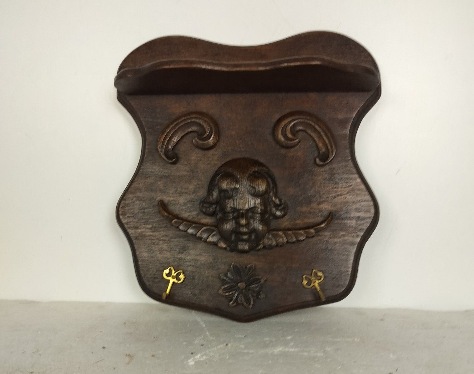 Antique Hand Carved Oak Small Wall Hanging Towel Kitchen Bathroom Rack Cherub An photo for sale