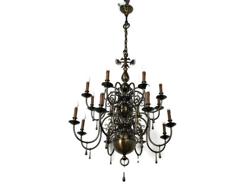 Huge Flemish Double 16 Arms Castle Chandelier Bronze Gilded With Butler Bell Wow