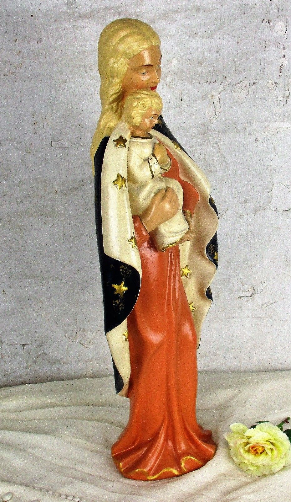 Large Polychrome Statue Virgin Mary Holy Mother Infant Child Mid Century Modern photo for sale