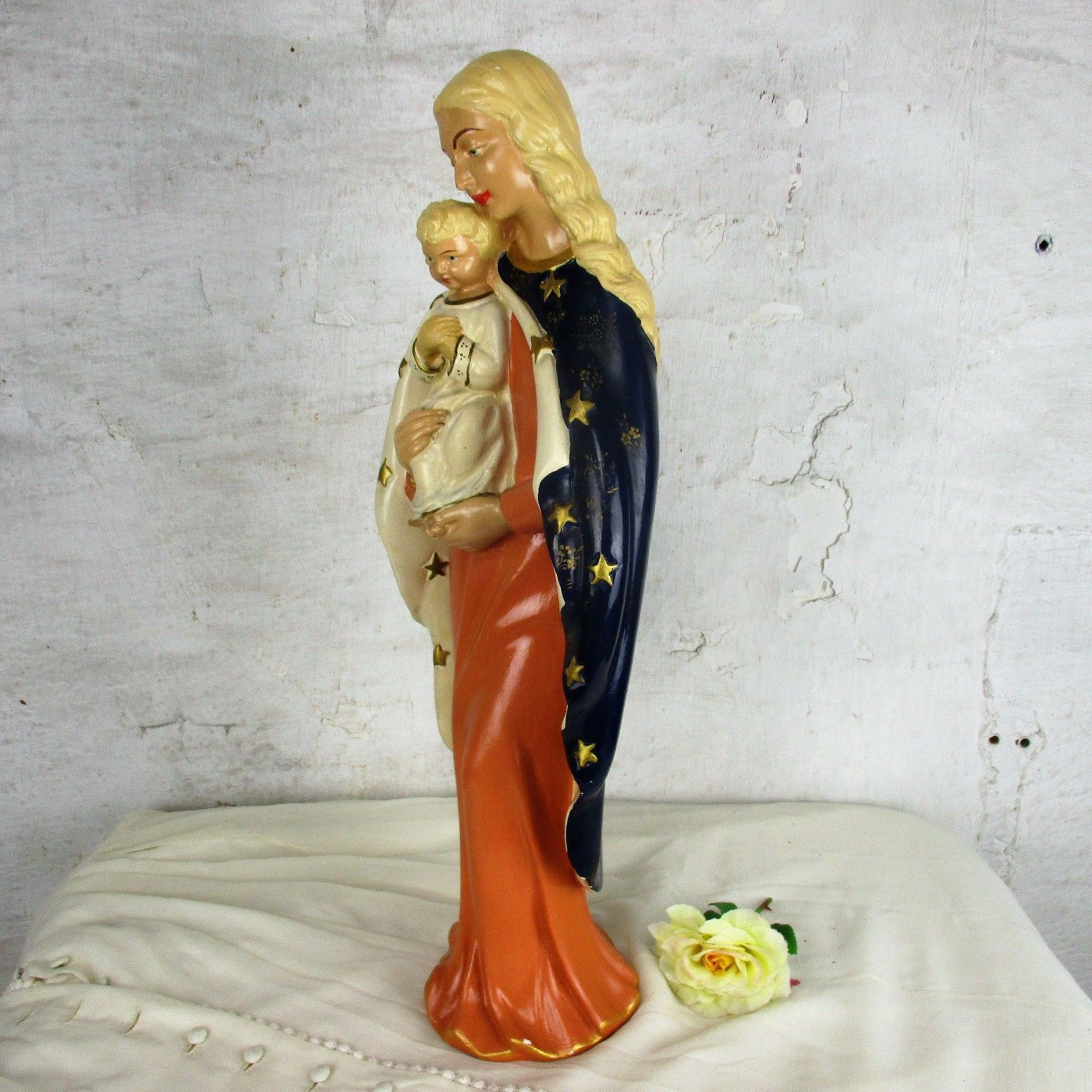 Large Polychrome Statue Virgin Mary Holy Mother Infant Child Mid Century Modern photo vinterior