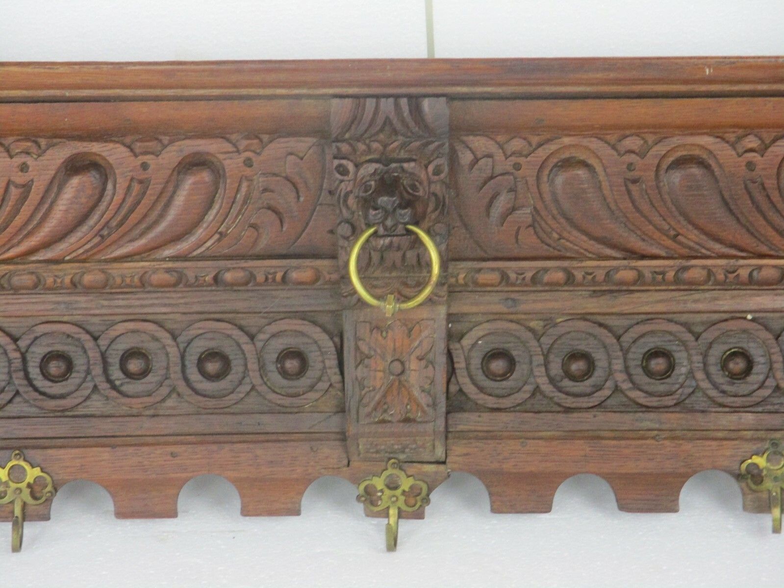 Antique Hand Carved Dark Wood  Wall Shelf Coat Kitchen Rack  Lion Heads Wow photo furniture