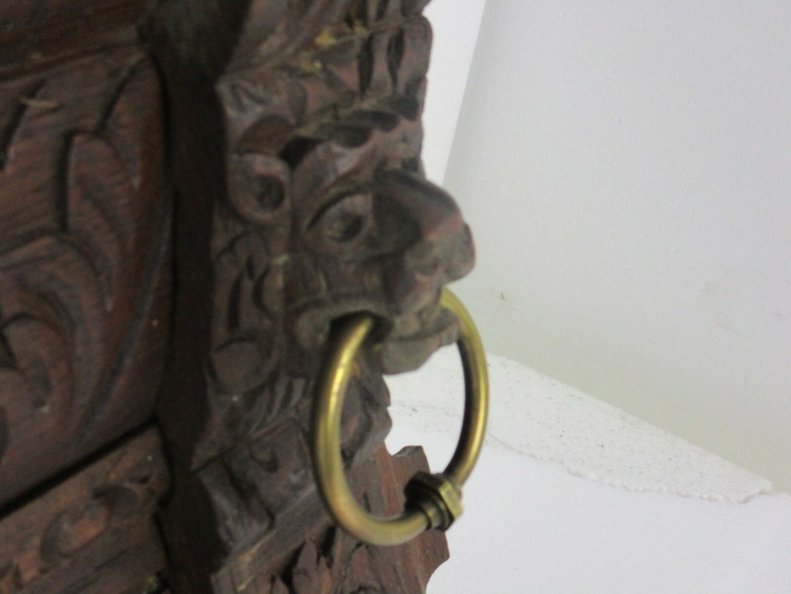 Antique Hand Carved Dark Wood  Wall Shelf Coat Kitchen Rack  Lion Heads Wow photo 668.0