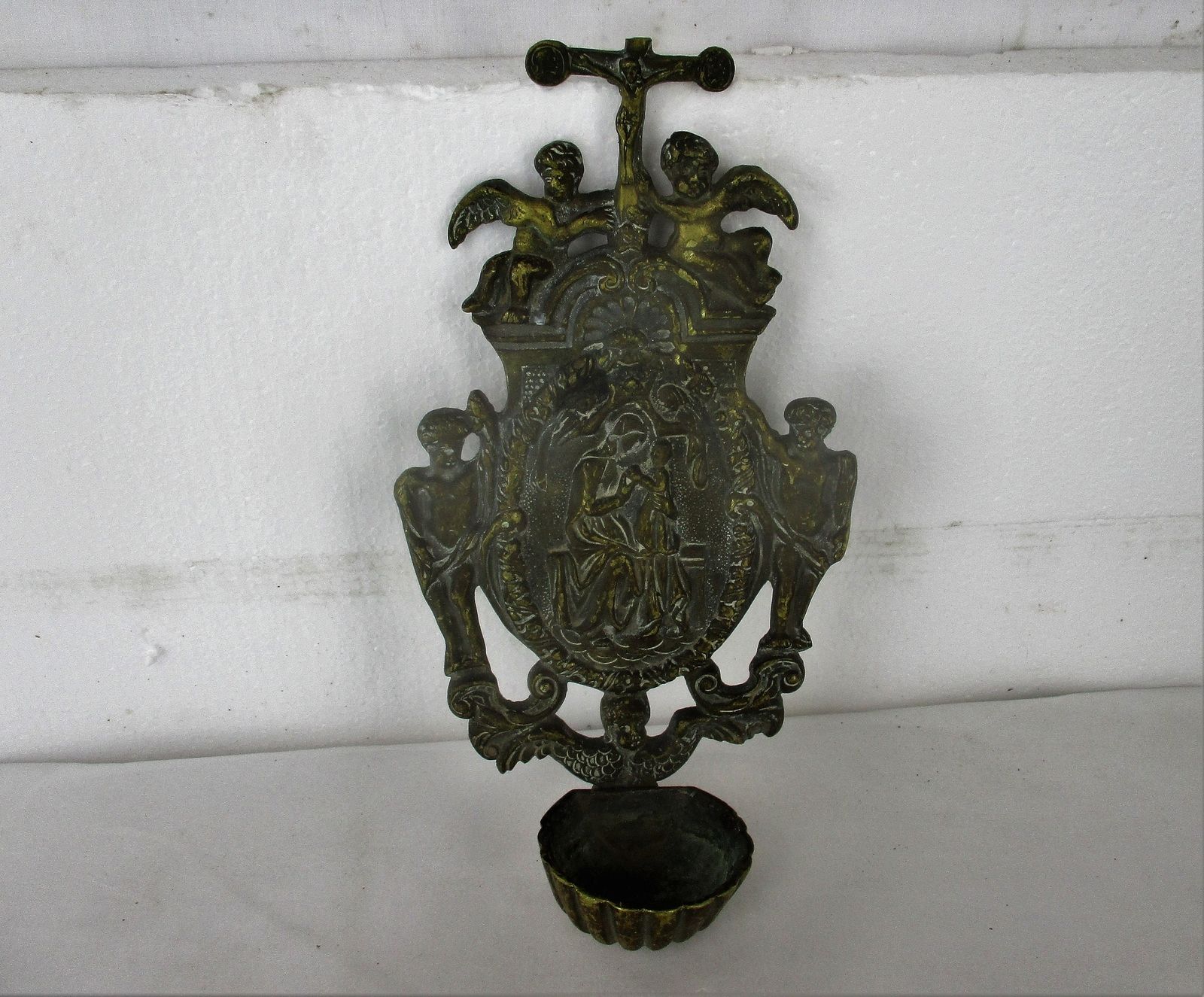 Large Brass Embossed Holy Water Font Angels Virgin Mary Infant Wall Hanging Cruc photo furniture
