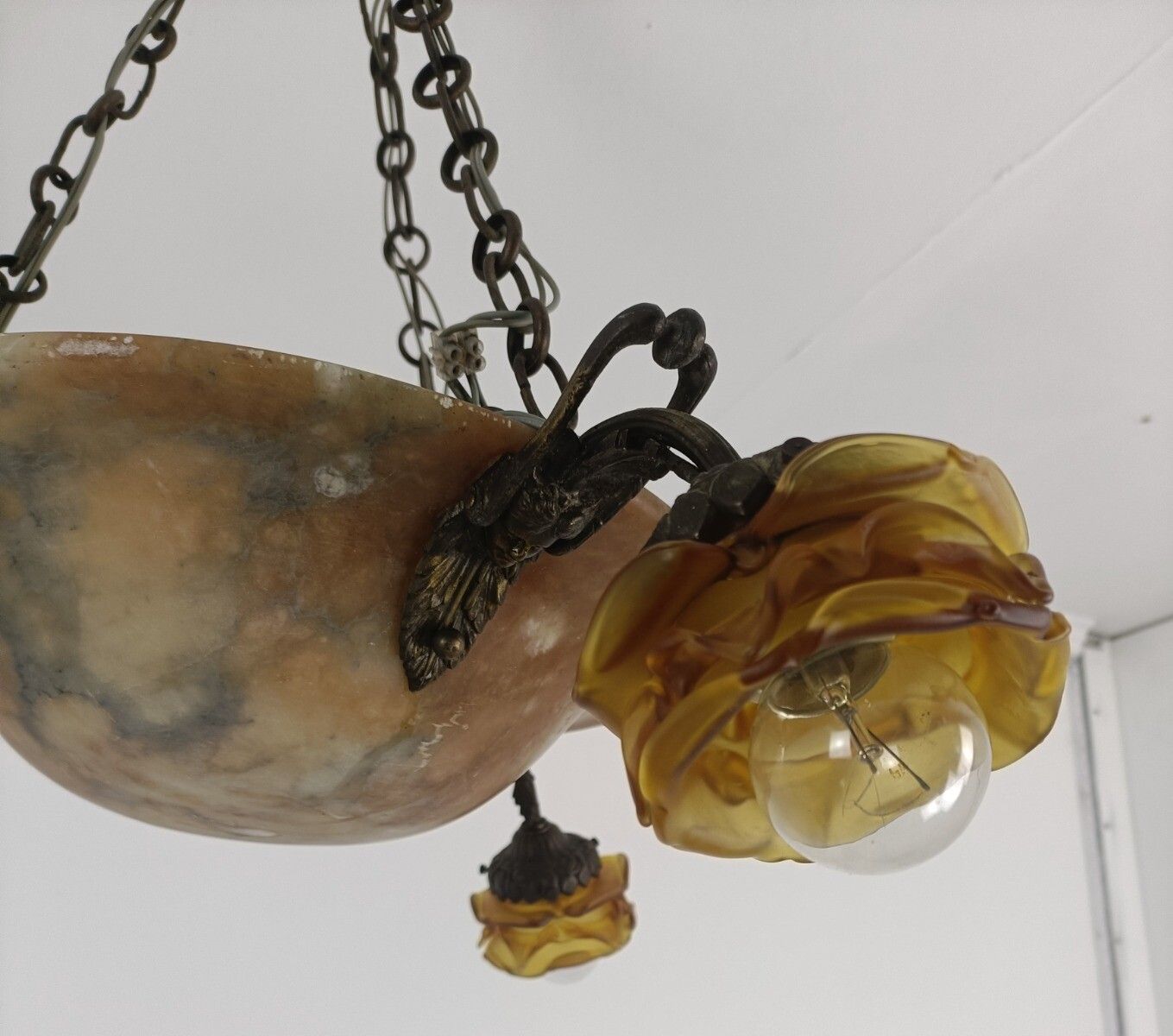 Art Nouveau Pendant Chandelier Alabaster Amber Flower Shades 3 Arm Antique 4 Lig photo Lighting