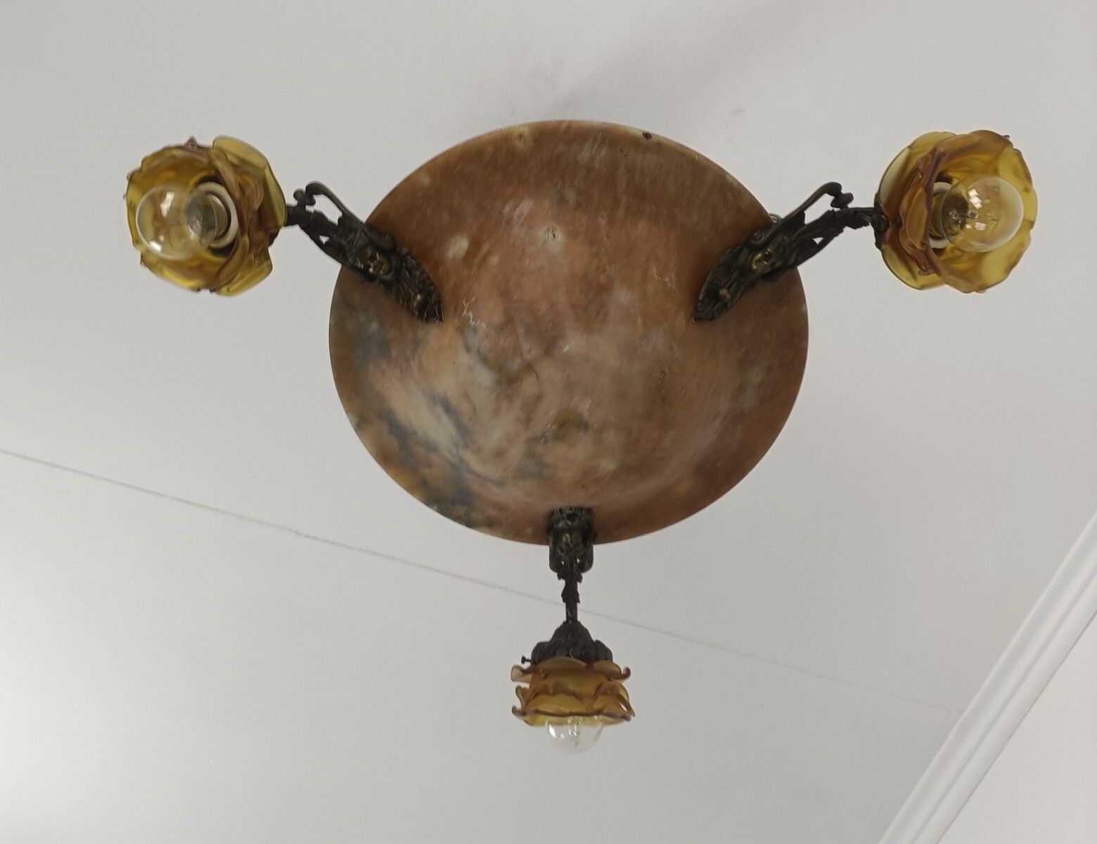 Art Nouveau Pendant Chandelier Alabaster Amber Flower Shades 3 Arm Antique 4 Lig photo 788.0