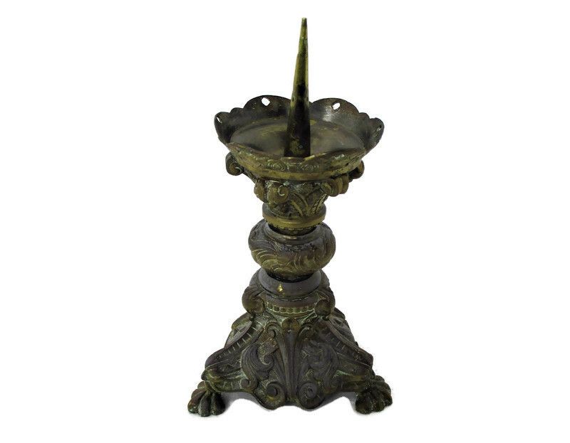 Antique 1900 Candle Holder Candlestick Church Altar Brass Heraldic Gothic
