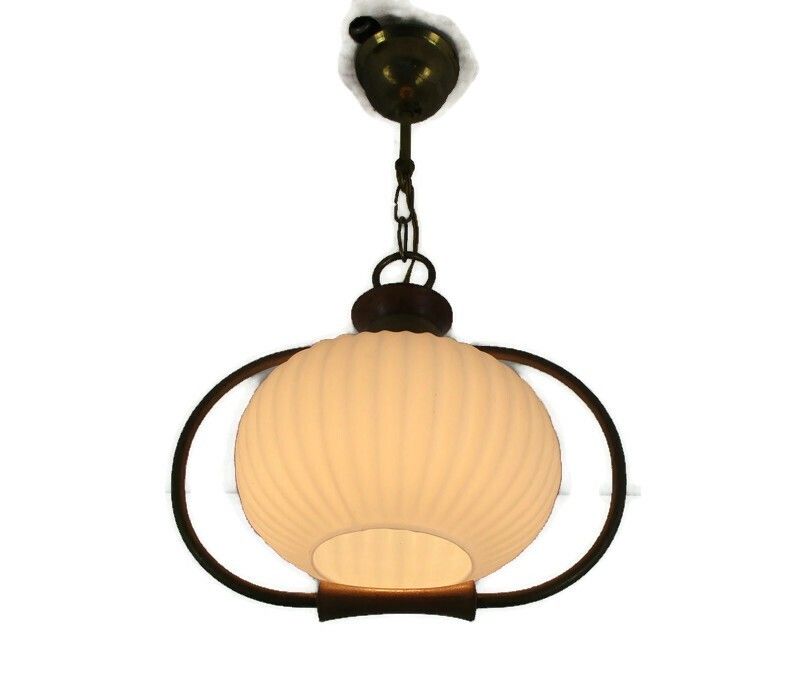 Danish Modern Chandelier Pendant Teak Brass Opaline Glass  Louis Kalff Atomic