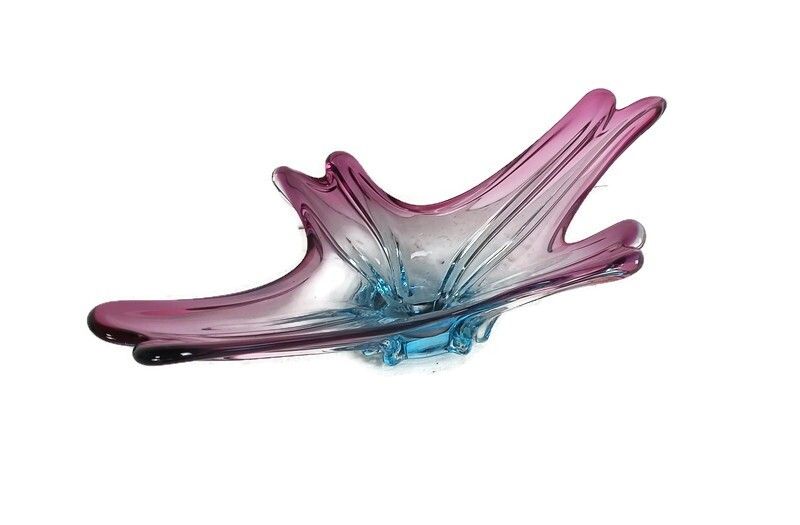Gorgeous Bowl Dish Centerpiece Cranberry Azzuro Blue Art Glass Murano Italy Vint