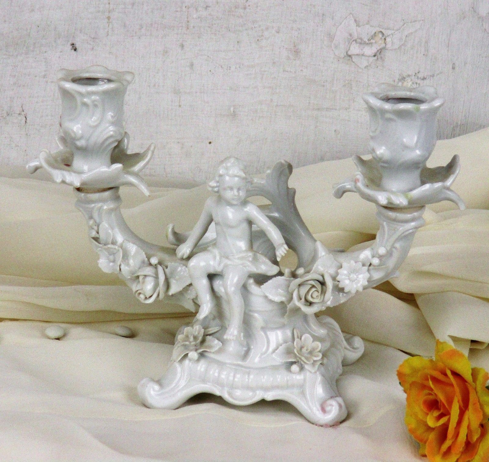Voigt Sitzendorf Porcelain Double Candle Holder Candelabra  Putti Angels Cherubs