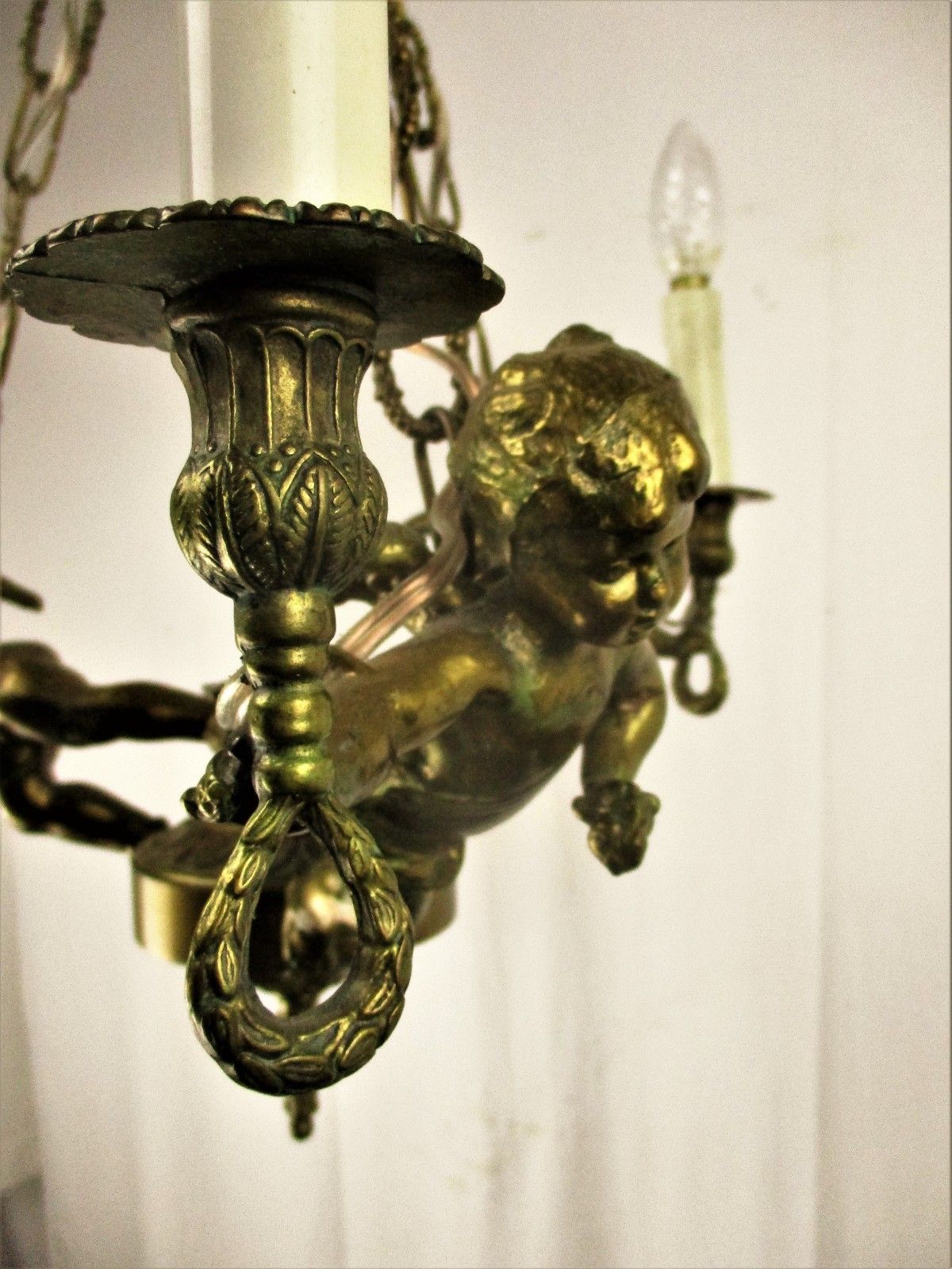 French Bronze Chandelier 3 Lights Arms Putti Cherub Hollywood Regency Romantic photo 890.0