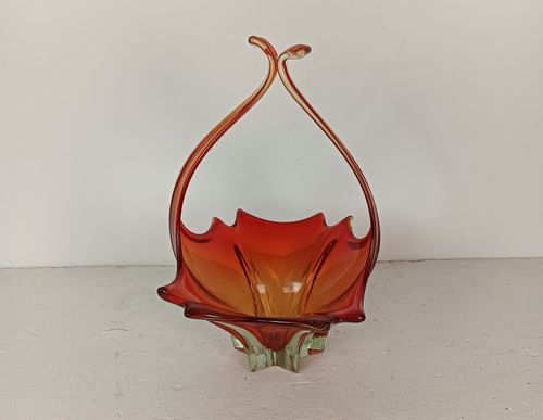 Italian Red  Bowl Dish Centerpiece Murano Seguso Art Glass Modernist Basket Vint photo vinterior