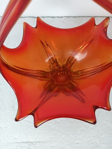 Italian Red  Bowl Dish Centerpiece Murano Seguso Art Glass Modernist Basket Vint photo vintage