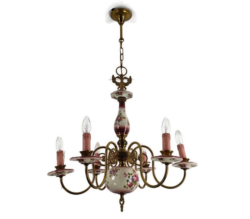 Chandelier 6 Arms Lights Ceramic Porcelain Pink Flowers  Mid Century  Eagle Hera
