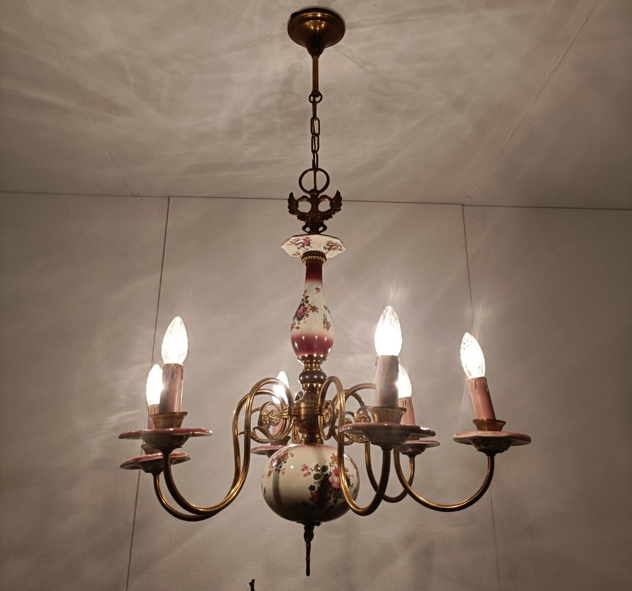Chandelier 6 Arms Lights Ceramic Porcelain Pink Flowers  Mid Century  Eagle Hera photo furniture