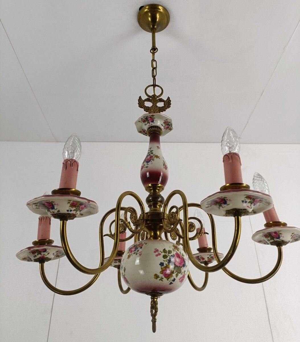 Chandelier 6 Arms Lights Ceramic Porcelain Pink Flowers  Mid Century  Eagle Hera photo for sale