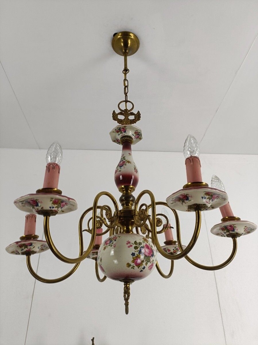 Chandelier 6 Arms Lights Ceramic Porcelain Pink Flowers  Mid Century  Eagle Hera photo Lighting