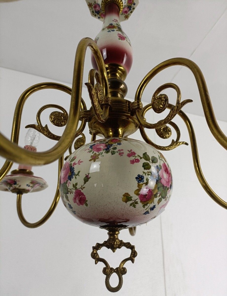 photo for sale Chandelier 6 Arms Lights Ceramic Porcelain Pink Flowers  Mid Century  Eagle Hera