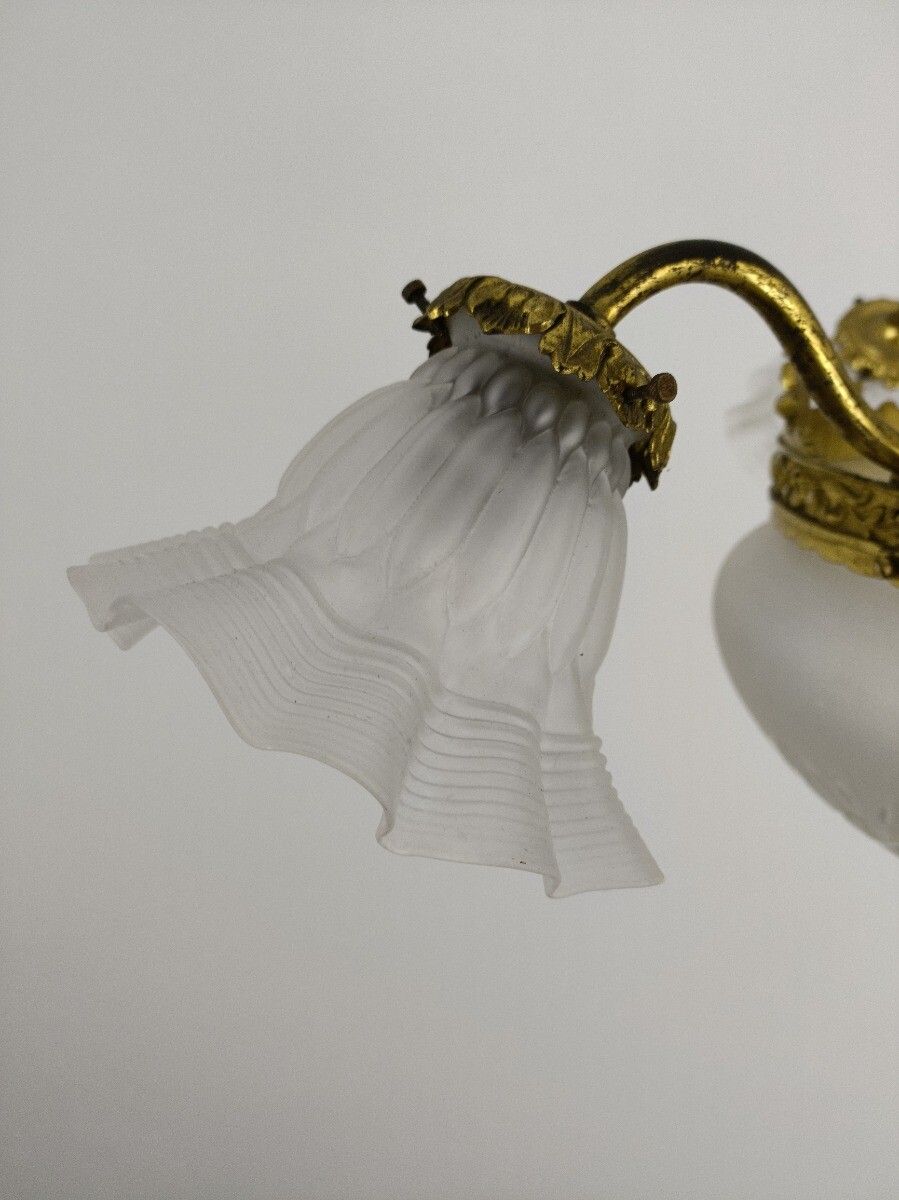 Lighting Chandelier  Art Deco 4 Lights 3 Arm Brass Etched Glass Shades Gorgeous Light Pen photo