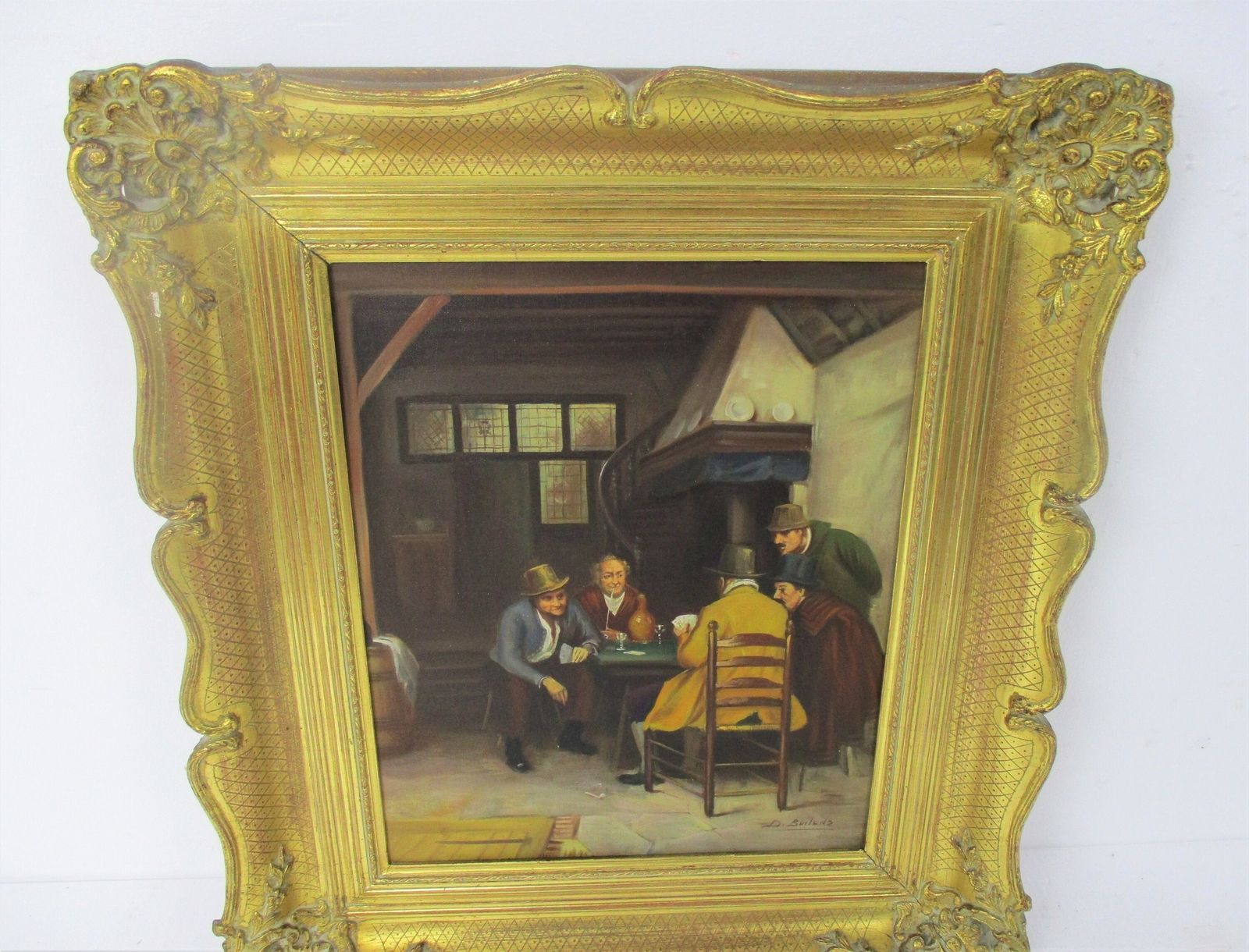 Lovely Oil Painting On Canvas Framed Beautiful Men Playing Cards In The Pub Sign photo Art