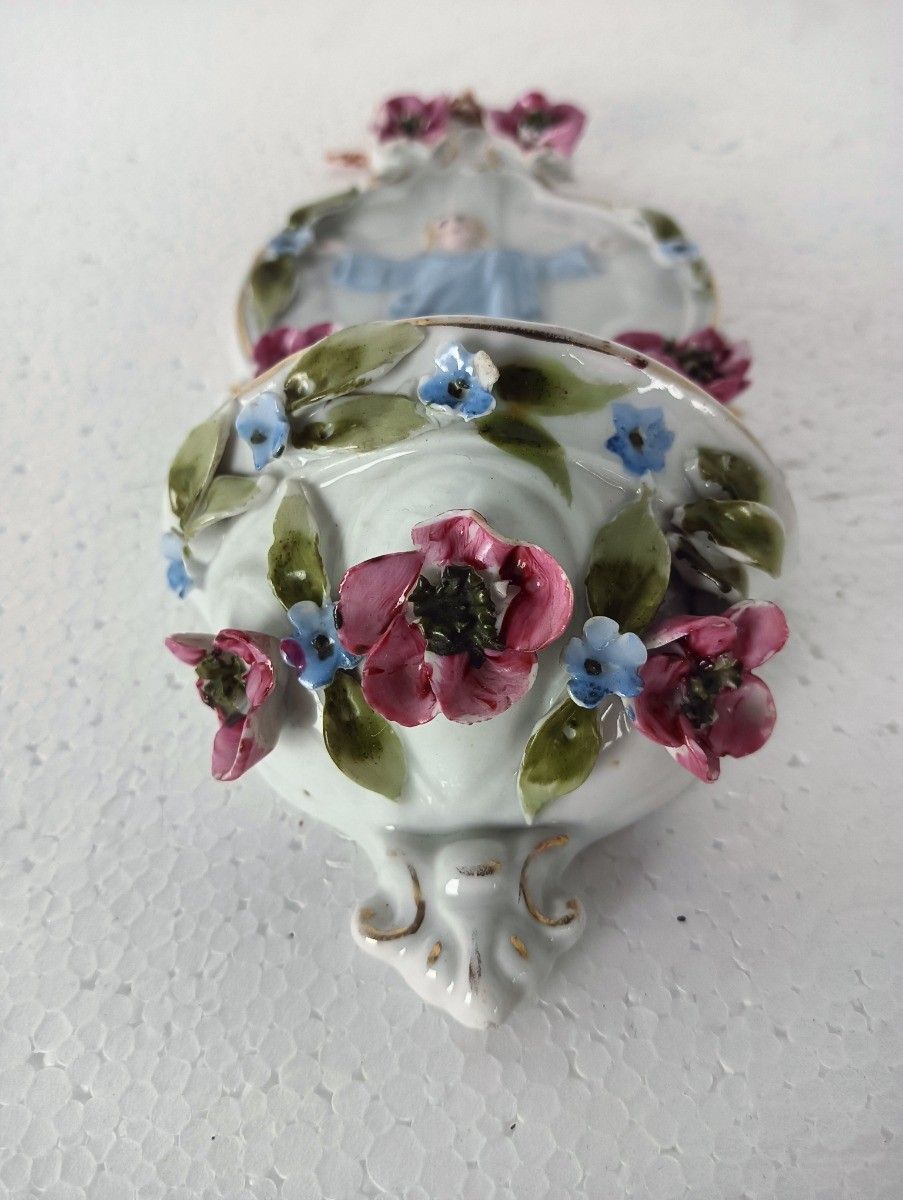 Beautiful Antique Porcelain Holy Water Font Porcelain Flowers Jesus Risen Lord W photo furniture