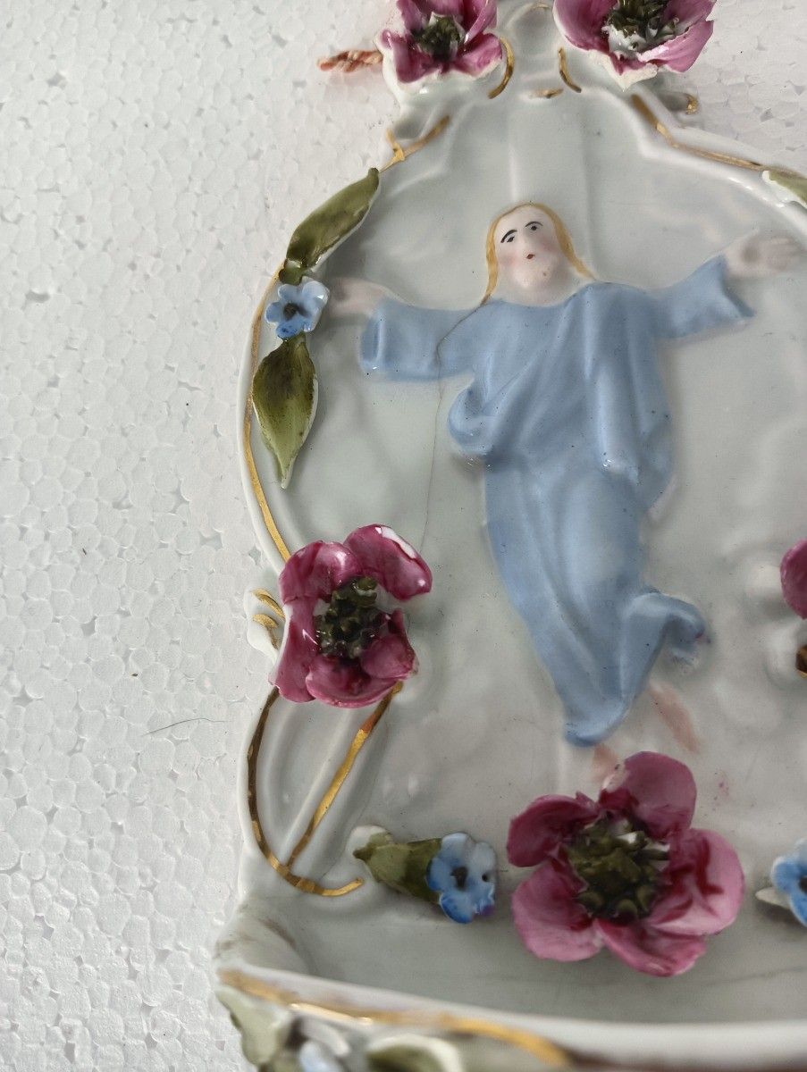 Beautiful Antique Porcelain Holy Water Font Porcelain Flowers Jesus Risen Lord W photo for sale