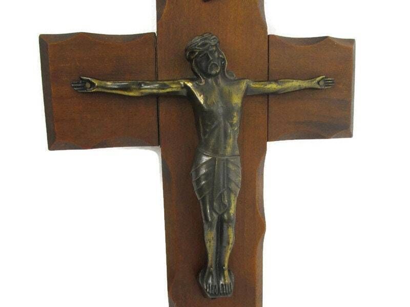 Vintage Hanging Wall Crucifix Wood Oak Brass Modernist Corpus Jesus Christ Mid C