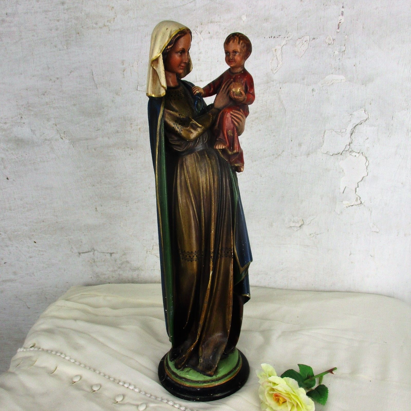 Antique 1900  Large  Church Statue Holy Mother Infant Child Neo Gothic Htf 17.7" photo for sale