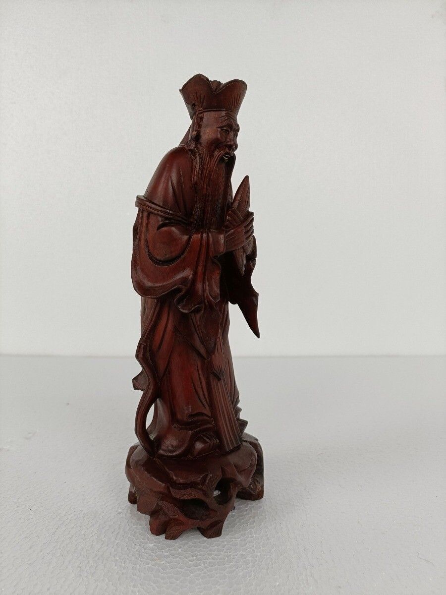 Chinese Rosewood Hand Carved Wooden Figurine Sculpture Wise Old Man photo for sale