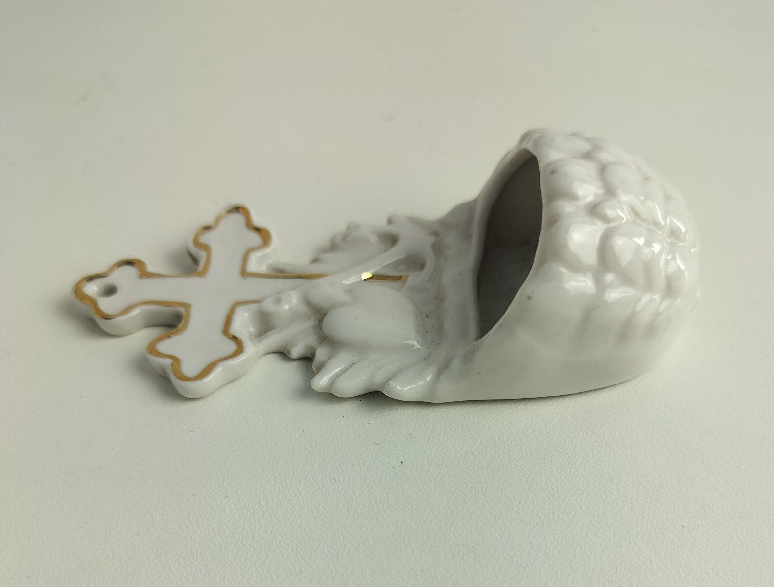 Antique Small Miniature Holy Water Font Vessel  Bisque Porcelain  White Marked G photo 57.0