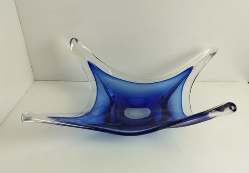 Gorgeous Bowl Dish Centerpiece Blue Clear Art Glass Murano Italy Vintage photo for sale