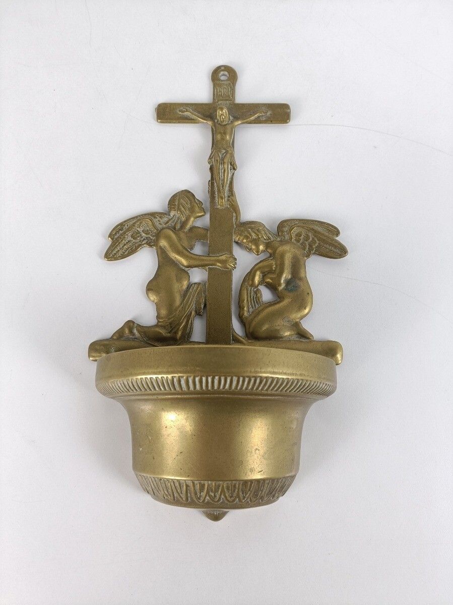 Vintage Large Brass Holy Water Font Angels Crucifix Cross Jesus Wall Hanging Orn photo for sale