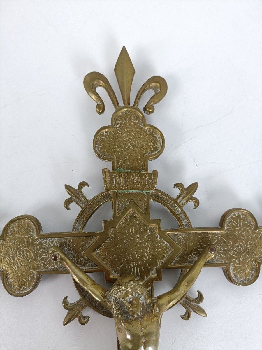 Hanging Wall Crucifix Cross Ornate Brass Jesus Christ French Fleur De Lis Lys VI photo vinterior