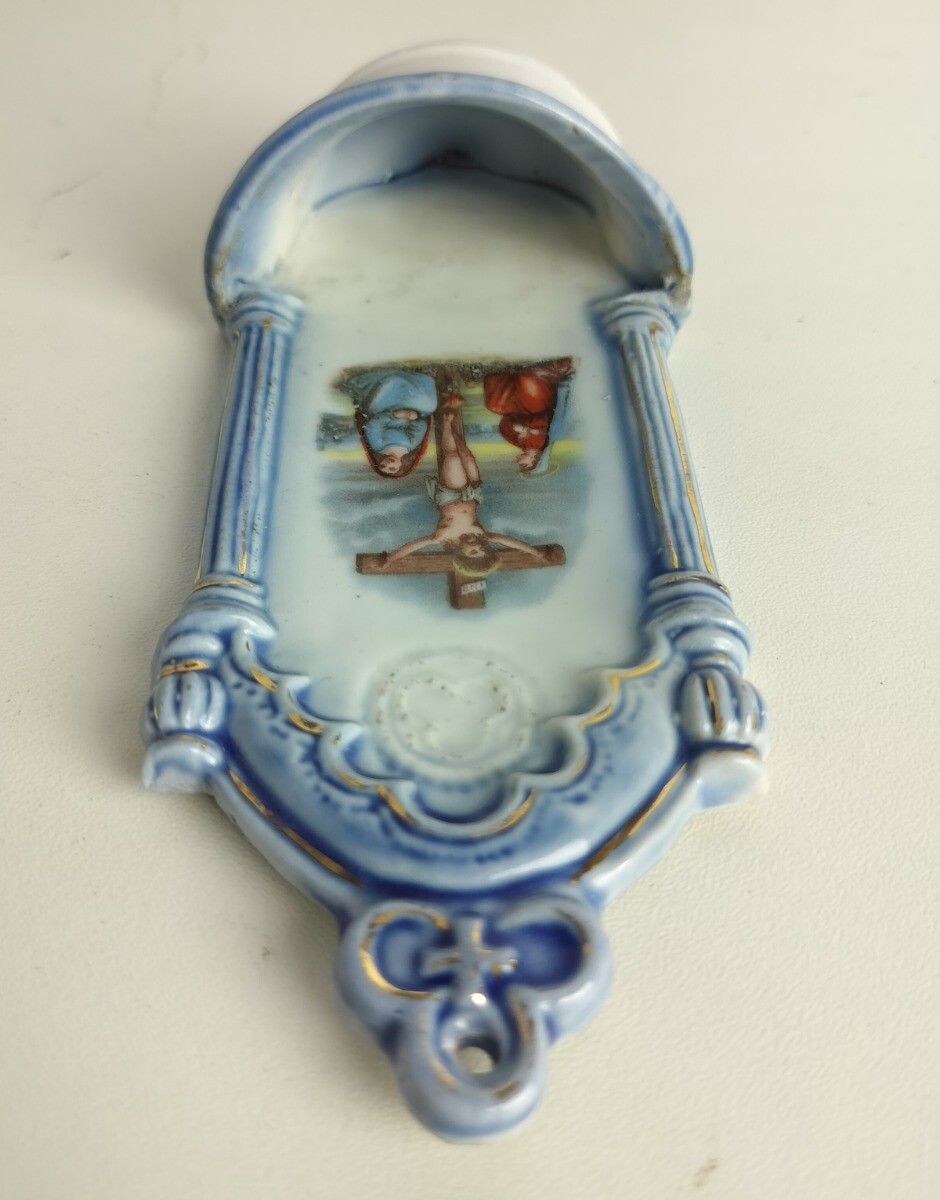 Antique Small Holy Water Font Vessel Bisque Porcelain Crucifixion Calvary Lovely photo Home Decor
