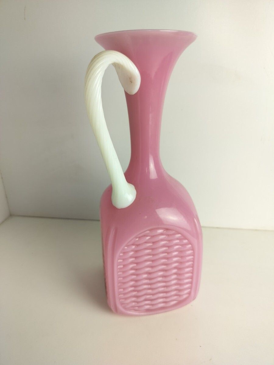 Vintage Cased Glass Opaline Pink Pitcher Jar Quilted Pattern White Ear Vase photo furniture
