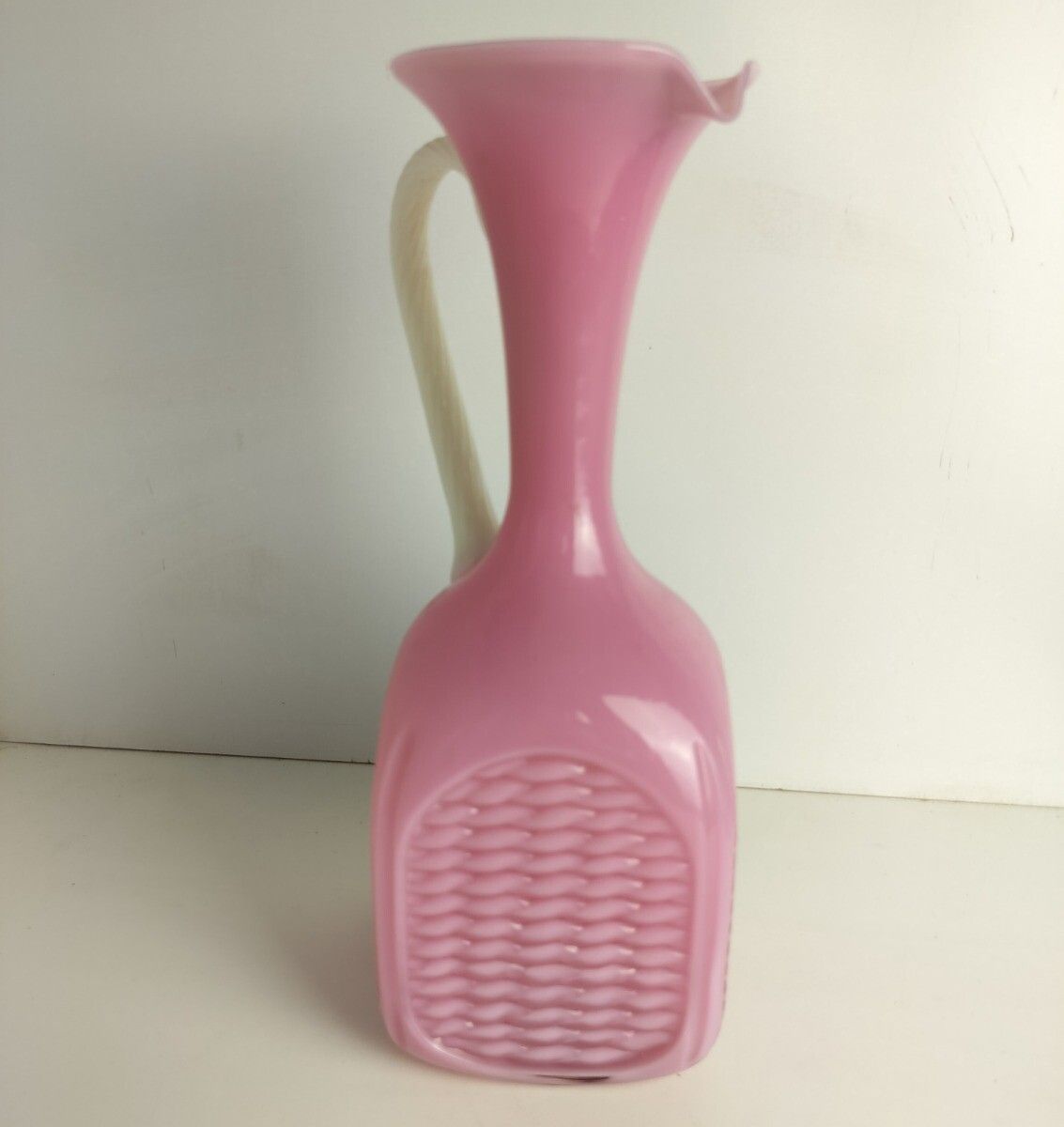 Vintage Cased Glass Opaline Pink Pitcher Jar Quilted Pattern White Ear Vase photo Home Decor