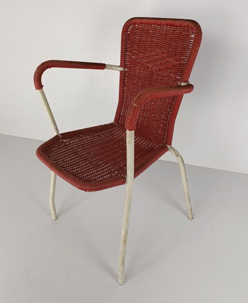 Vintage Arm Chair Plastic Wicker String Chair Iron Legs photo vintage
