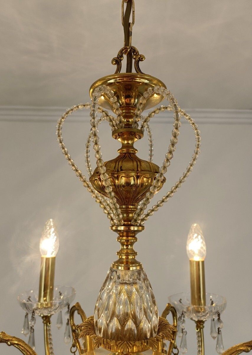 Chandelier Hollywood Regency Vintage 70s Brass Glass 6 Lights Pendant Ceiling Li photo 323.0