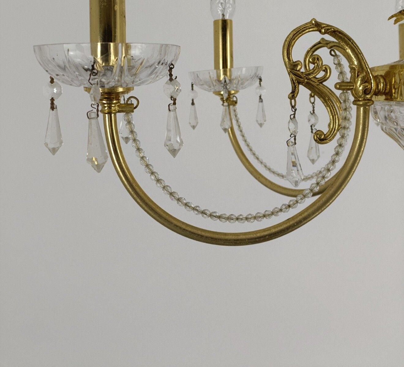 Chandelier Hollywood Regency Vintage 70s Brass Glass 6 Lights Pendant Ceiling Li photo buy