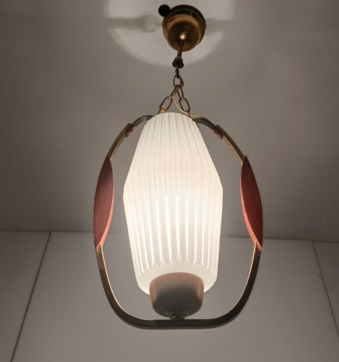 Danish Modern Chandelier Pendant Teak Brass Opaline Glass Atomic Retro Pop Art photo for sale