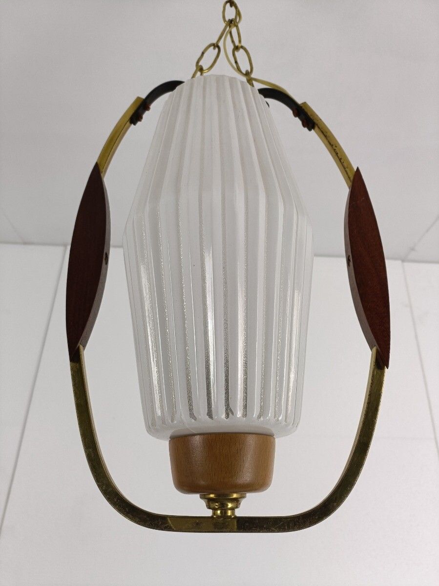 Danish Modern Chandelier Pendant Teak Brass Opaline Glass Atomic Retro Pop Art photo vintage